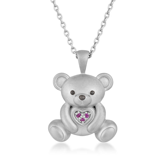 Sterling silver created ruby teddy bear pendant
