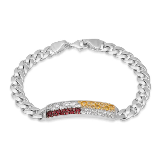 Sterling silver Collegiate Collection men's simulated red, white, and yellow gemstone dog tag bracelet
