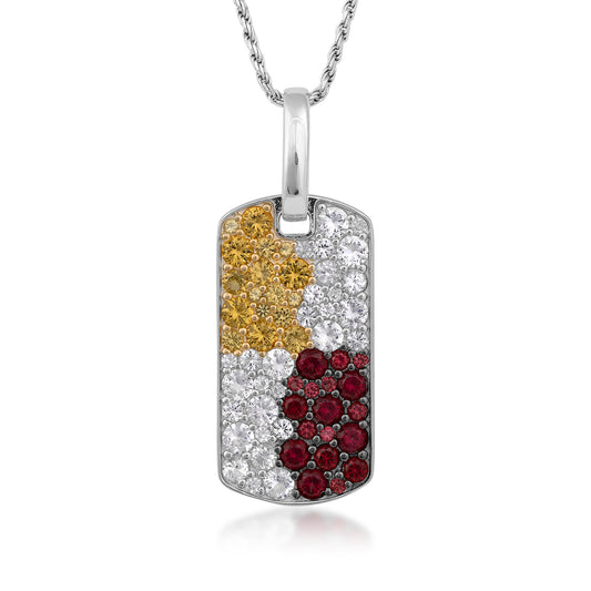 Sterling silver Collegiate Collection men's simulated red, white, and yellow gemstone dog tag pendant