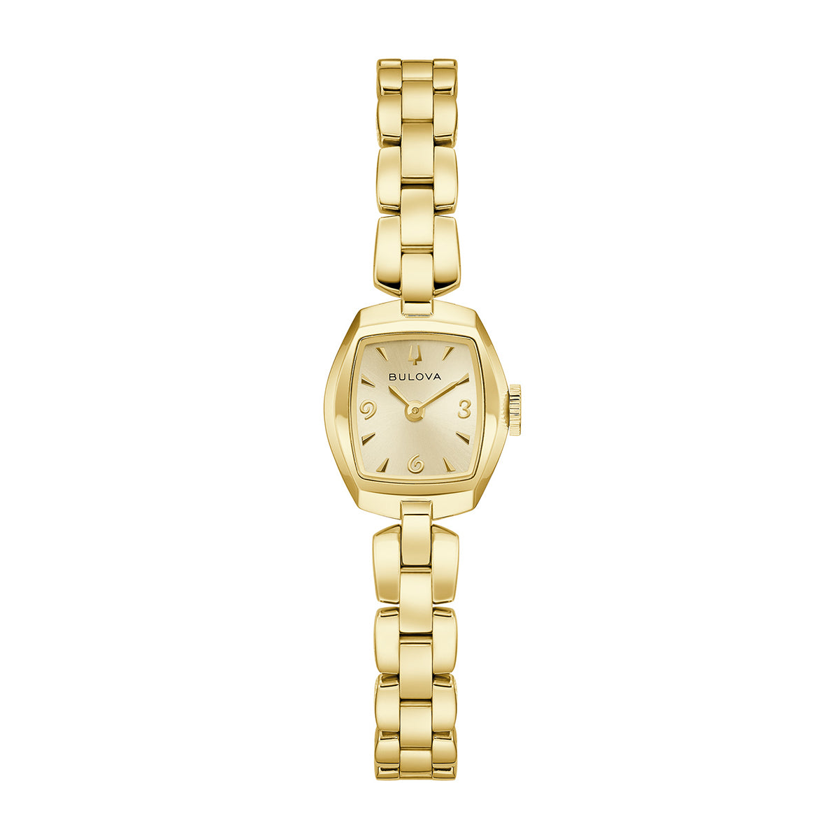 gold-tone stainless steel ladies' bulova goddess of time quartz watch with gold dial