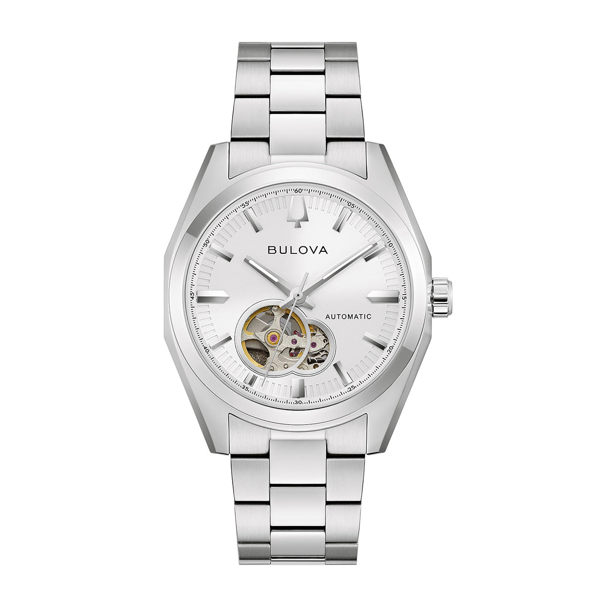 stainless steel men's bulova surveyor automatic watch with silver dial