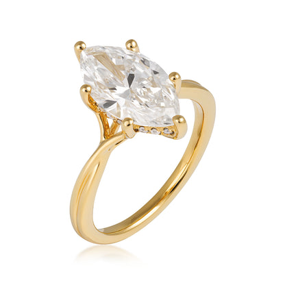 14K yellow gold Adamante 3 ct. lab-grown marquise diamond hidden halo engagement ring with 1/10 ct. tw. lab-grown diamond accents