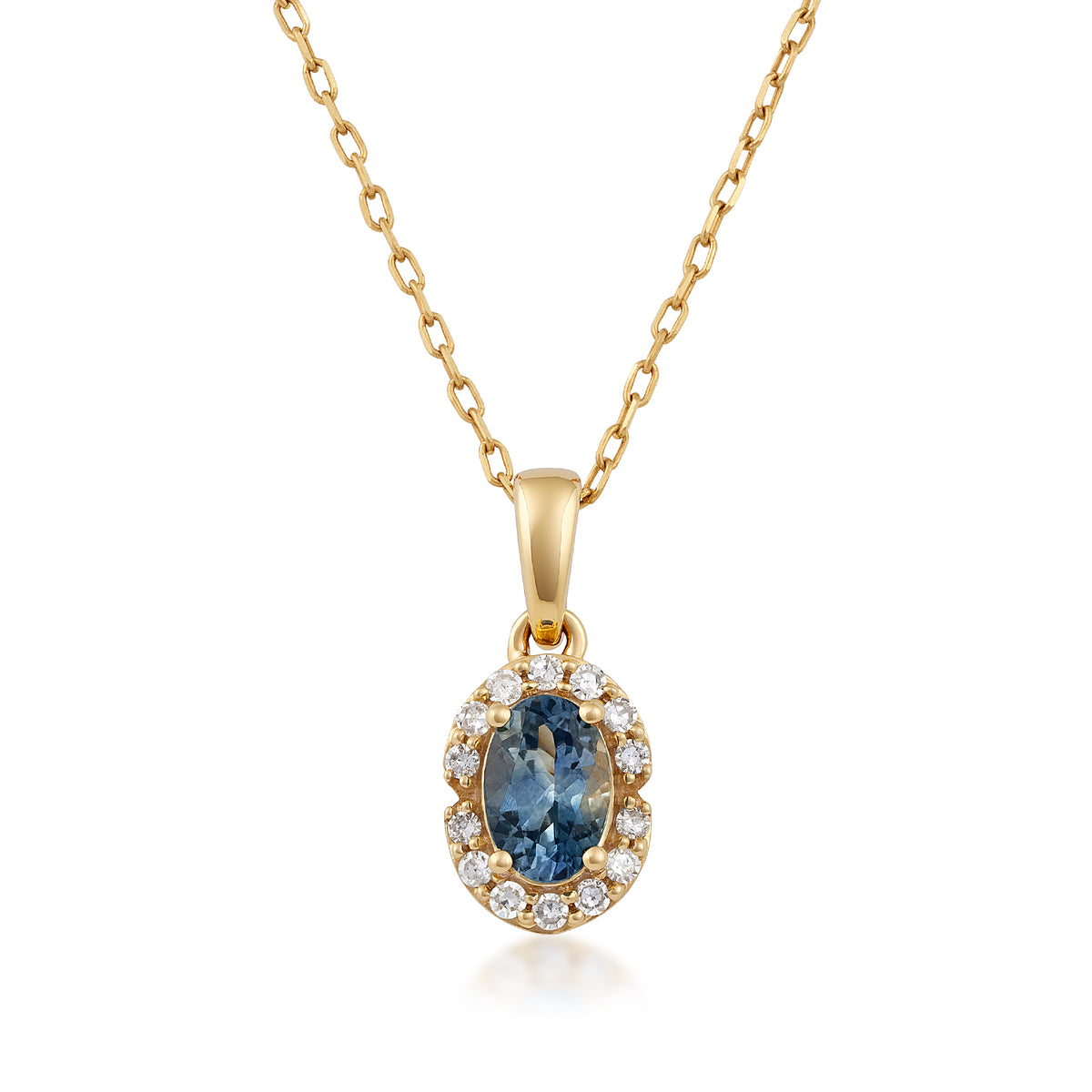 10K yellow gold American Colors oval Montana sapphire pendant with 1/10 ct. tw. diamond halo