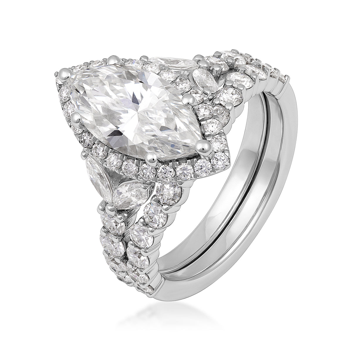 14K white gold Adamante 2 ct. lab-grown marquise diamond halo wedding set with 1-1/2 ct. tw. lab-grown diamond accents