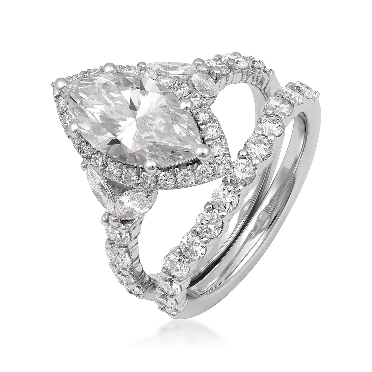 14K white gold Adamante 2 ct. lab-grown marquise diamond halo wedding set with 1-1/2 ct. tw. lab-grown diamond accents