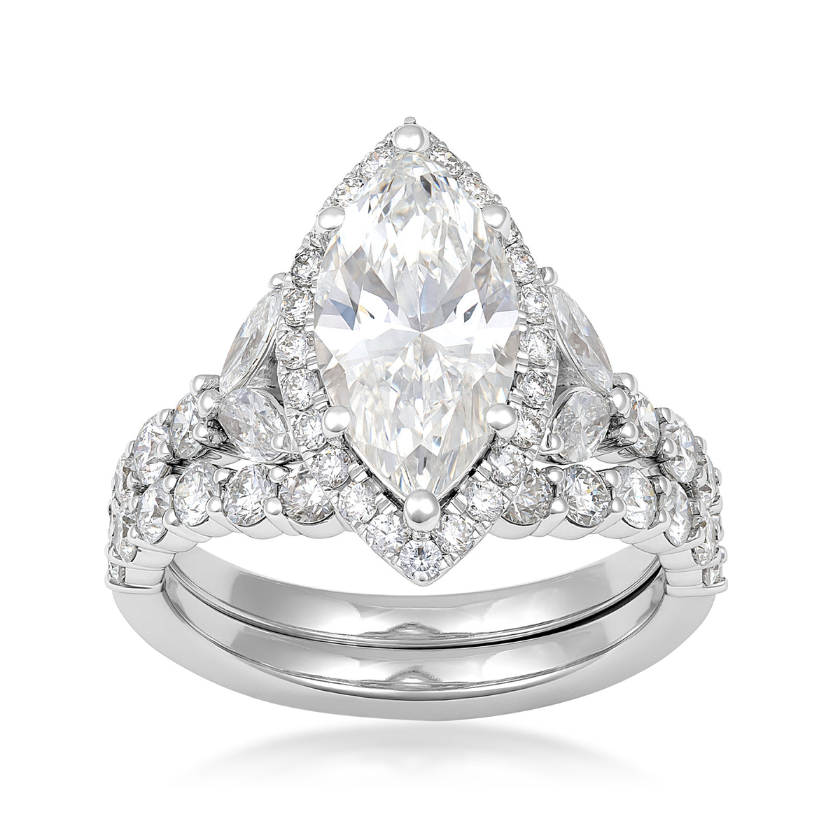 14K white gold Adamante 2 ct. lab-grown marquise diamond halo wedding set with 1-1/2 ct. tw. lab-grown diamond accents
