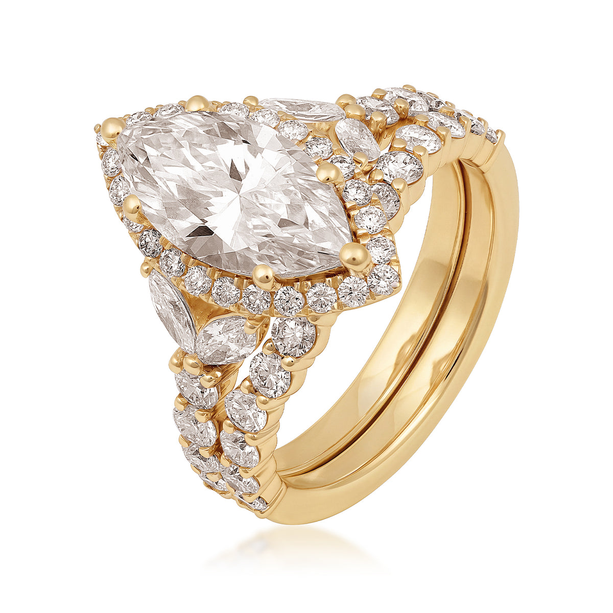 14K yellow gold Adamante 2 ct. lab-grown marquise diamond halo wedding set with 1-1/2 ct. tw. lab-grown diamond accents