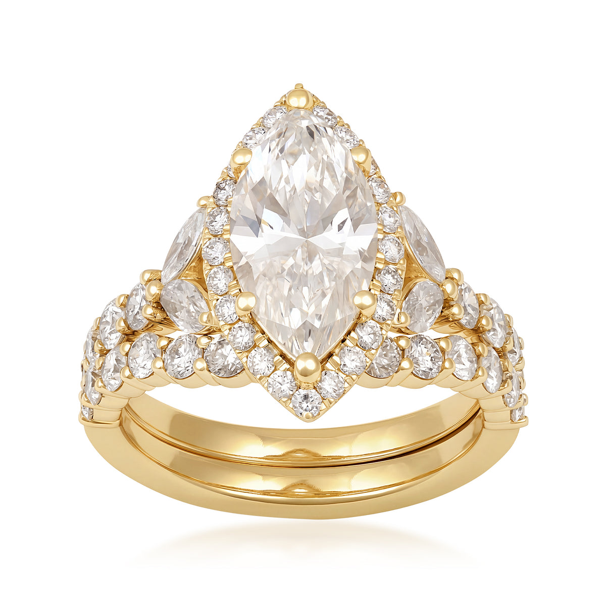 14K yellow gold Adamante 2 ct. lab-grown marquise diamond halo wedding set with 1-1/2 ct. tw. lab-grown diamond accents