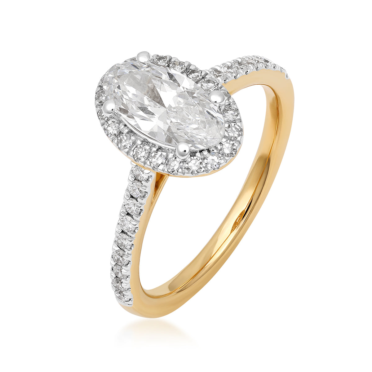 10K yellow gold Adamante 1 ct. lab-grown oval diamond halo engagement ring with 1/3 ct. tw. lab-grown diamond accents