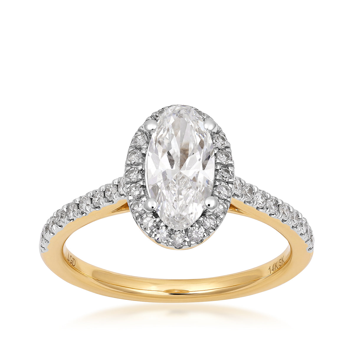 10K yellow gold Adamante 1 ct. lab-grown oval diamond halo engagement ring with 1/3 ct. tw. lab-grown diamond accents