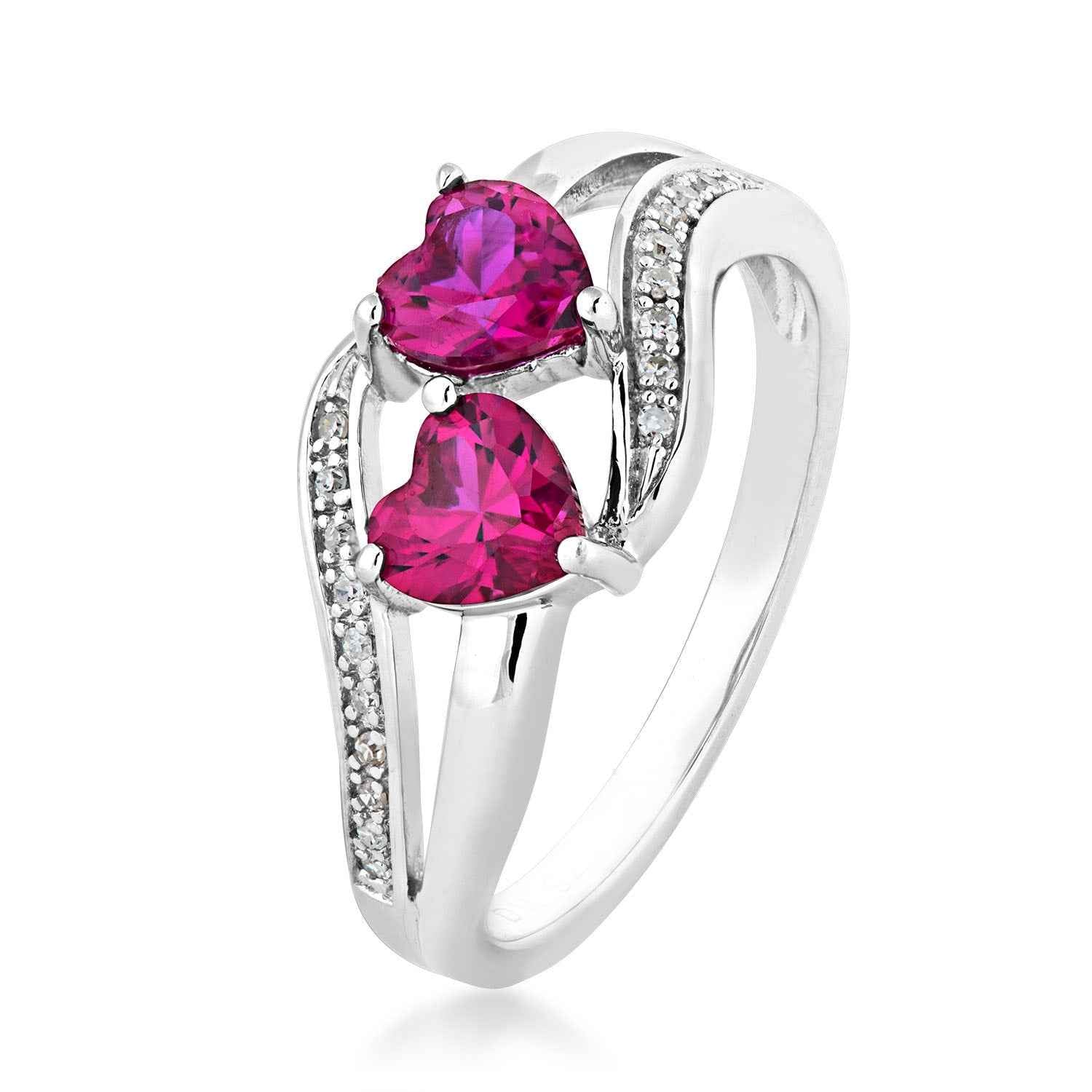 Created Heart Shaped Ruby & Diamond Ring in Sterling Silver front view