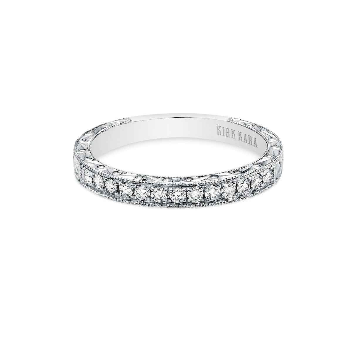 Kirk Kara 1/5 ct. tw. Round Diamond Wedding Band with Filigree Detailing and Vintage Carved Design in 18K White Gold
