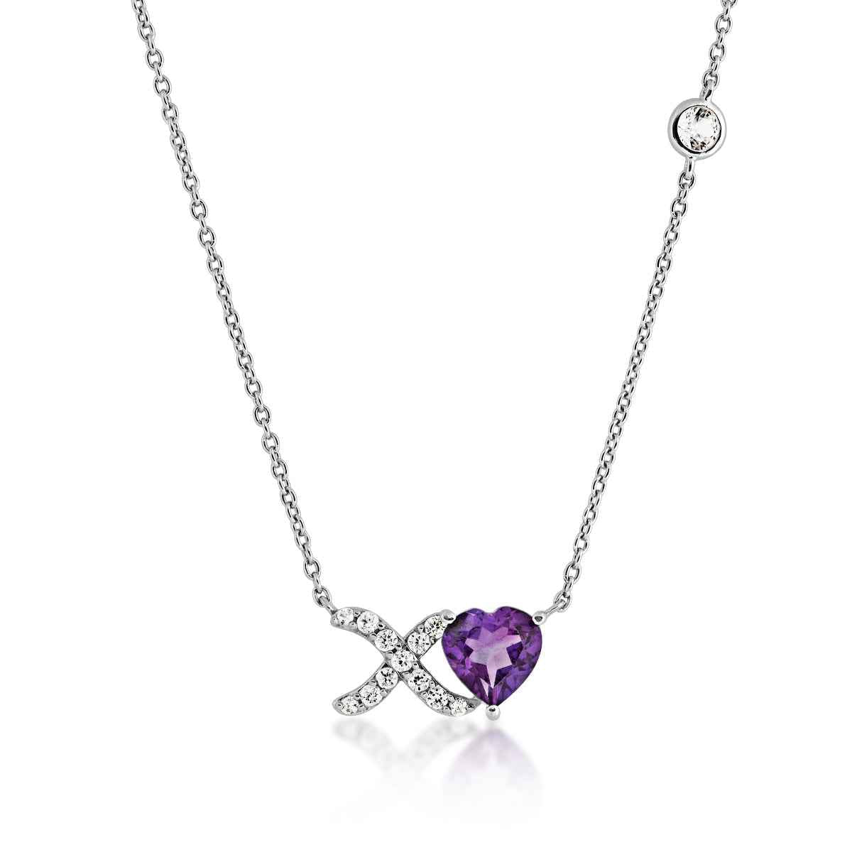 Amethyst and Created White Sapphire Heart XO Necklace in Sterling Silver