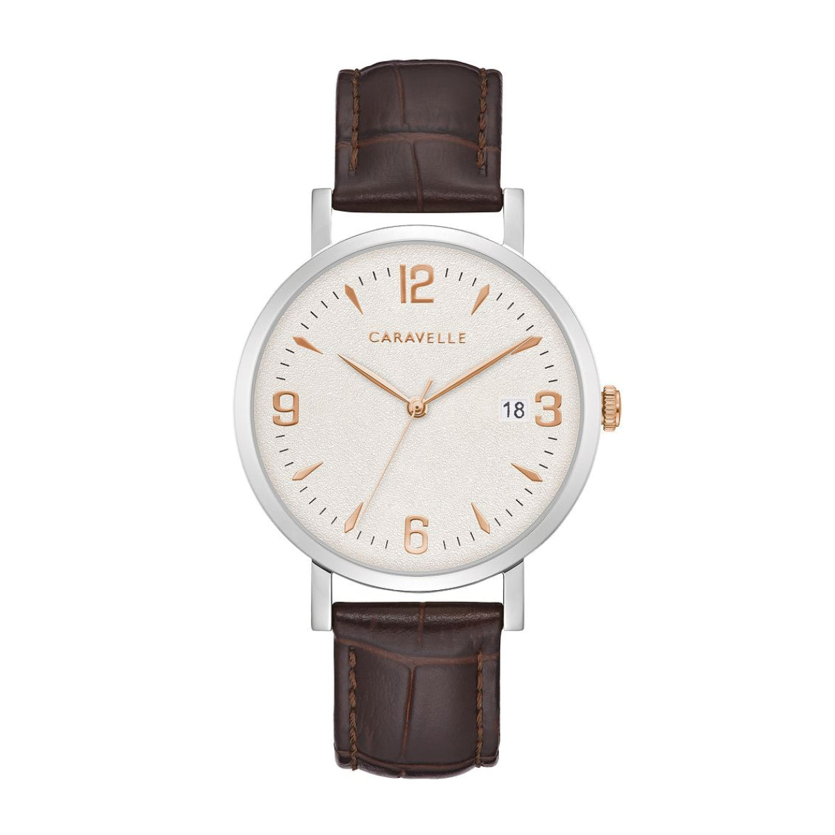 Caravelle Men's Dress Stainless Steel Watch with Silver Dial & Brown Leather Strap