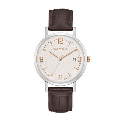 Caravelle Men's Dress Stainless Steel Watch with Silver Dial & Brown Leather Strap