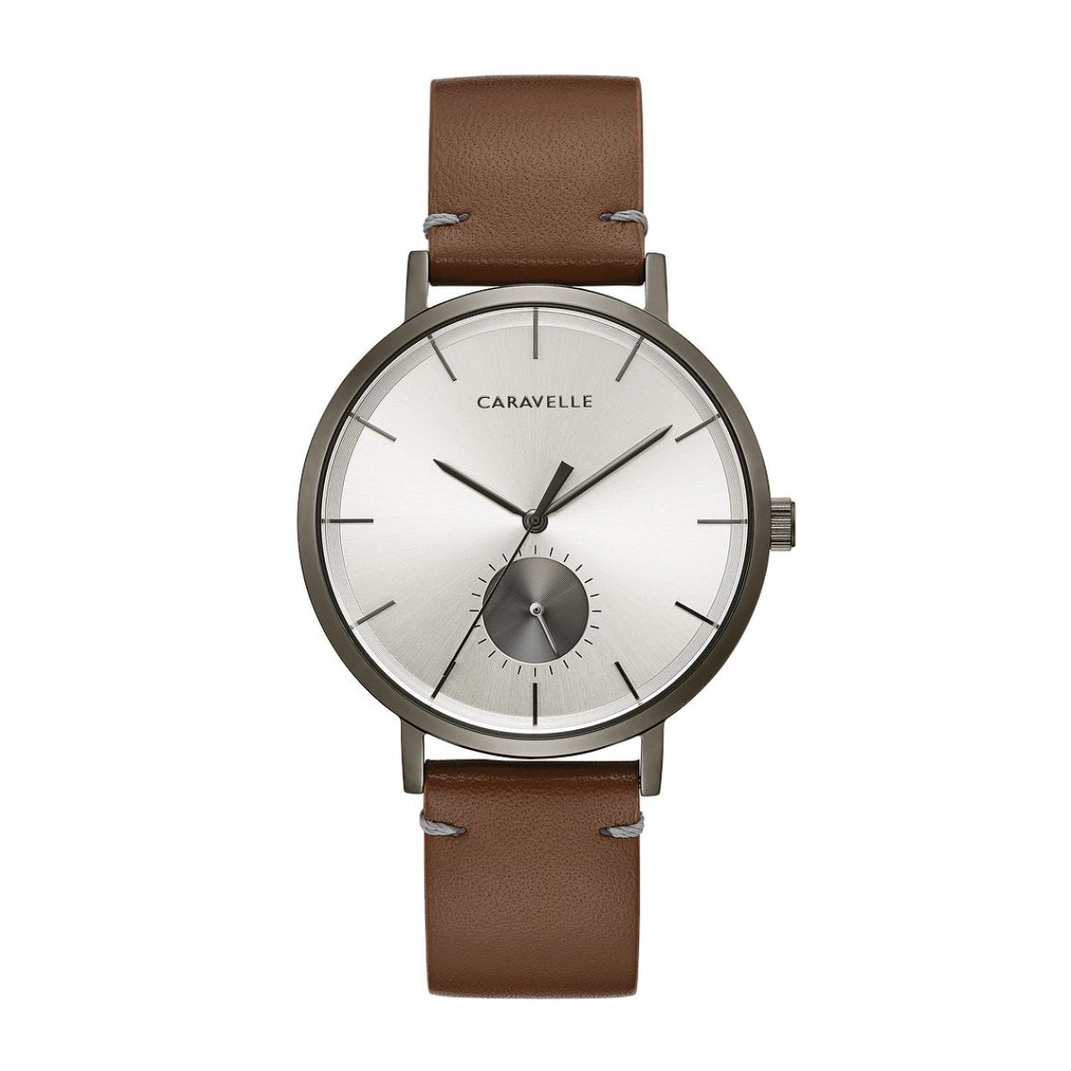 Caravelle Men's Min Max Stainless Steel Watch with Silver Dial & Brown Leather Strap