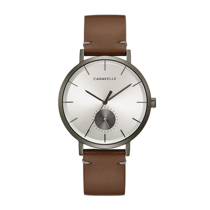 Caravelle Men's Min Max Stainless Steel Watch with Silver Dial & Brown Leather Strap
