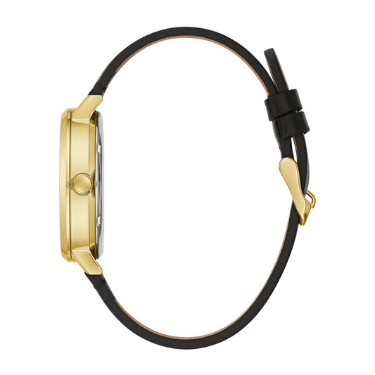 Caravelle Men's Classic Gold-Tone Stainless Steel Watch with Black Open Aperture Dial & Black Leather Strap front view