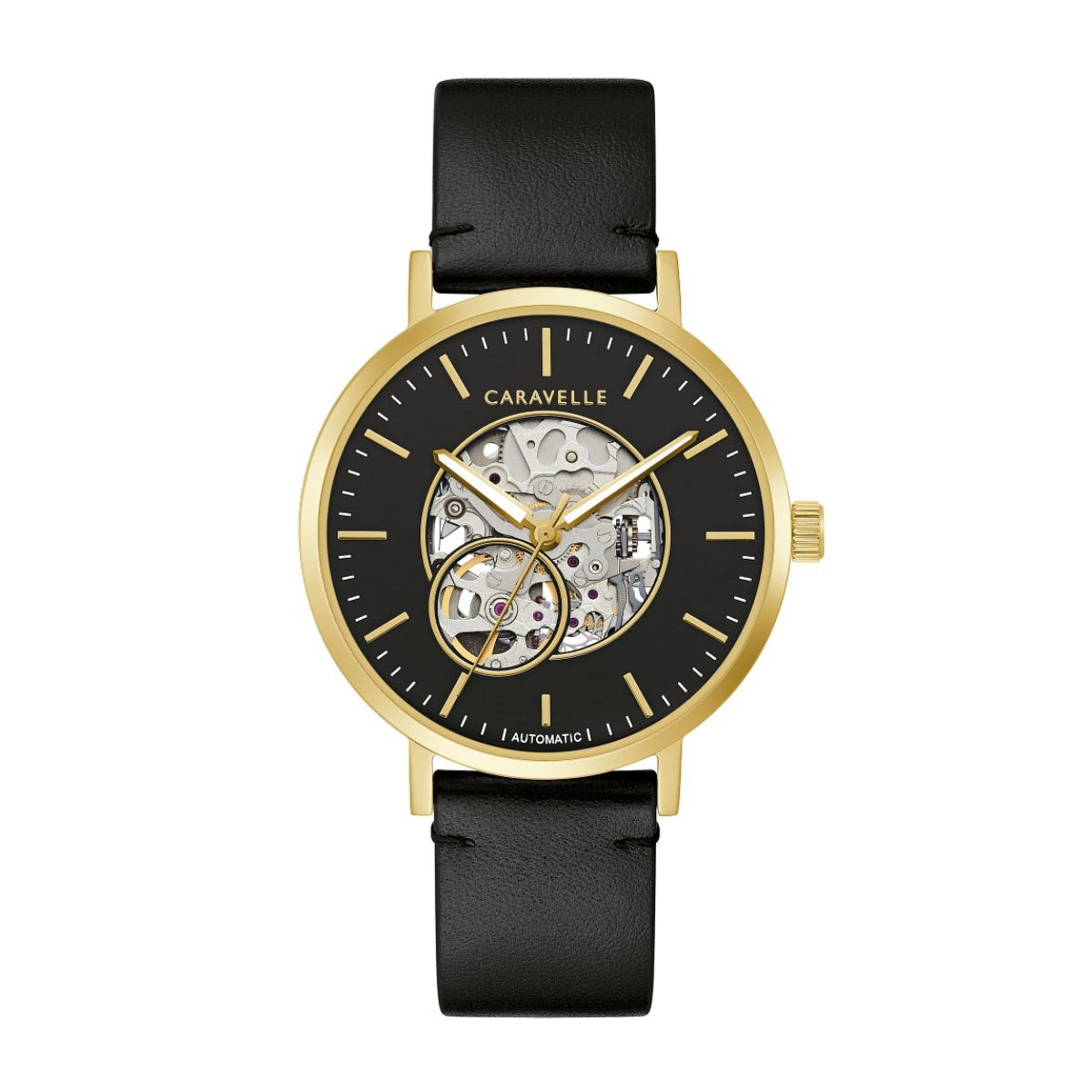 Caravelle Men's Classic Gold-Tone Stainless Steel Watch with Black Open Aperture Dial & Black Leather Strap
