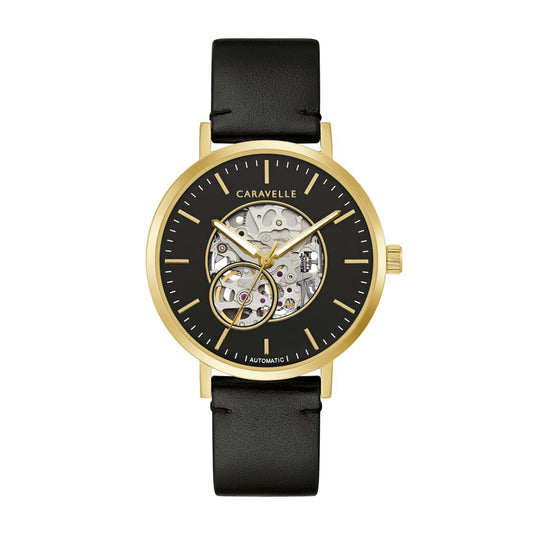 Caravelle Men's Classic Gold-Tone Stainless Steel Watch with Black Open Aperture Dial & Black Leather Strap