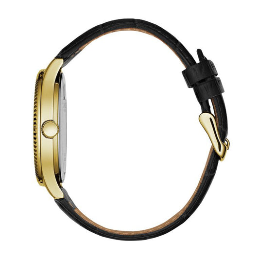 Caravelle Men's Dress Gold-Tone Stainless Steel Watch with Black Dial & Black Leather Strap front view