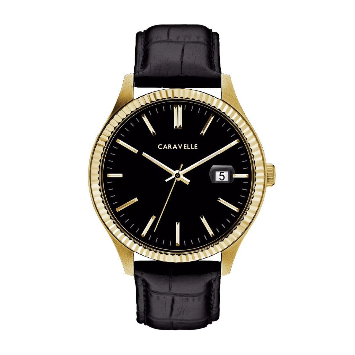 Caravelle Men's Dress Gold-Tone Stainless Steel Watch with Black Dial & Black Leather Strap