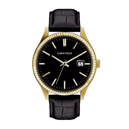 Caravelle Men's Dress Gold-Tone Stainless Steel Watch with Black Dial & Black Leather Strap