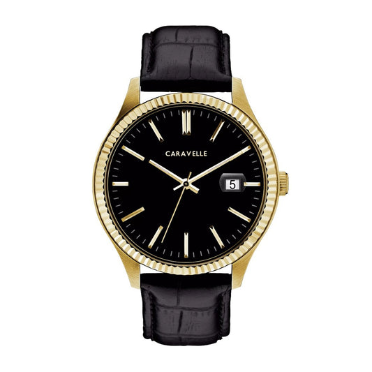 Caravelle Men's Dress Gold-Tone Stainless Steel Watch with Black Dial & Black Leather Strap