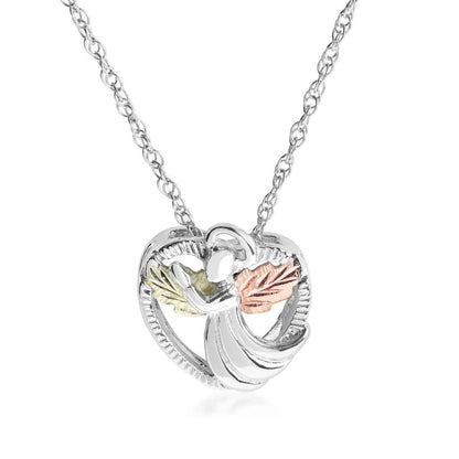 Black Hills Gold Pink & Green Leaf Winged Angel Heart Pendant in Sterling Silver