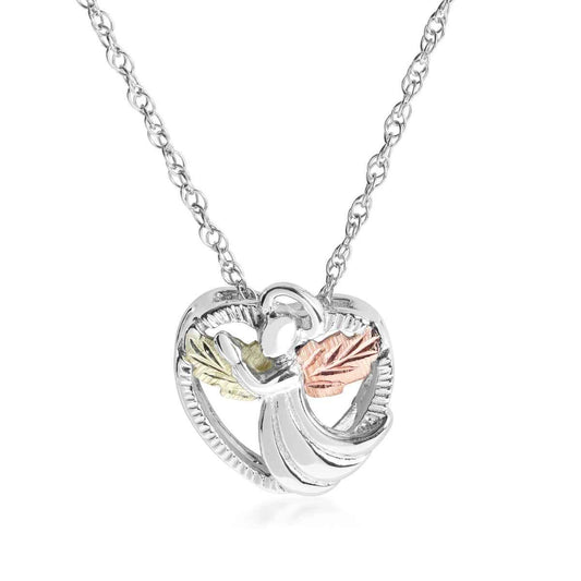 Black Hills Gold Pink & Green Leaf Winged Angel Heart Pendant in Sterling Silver