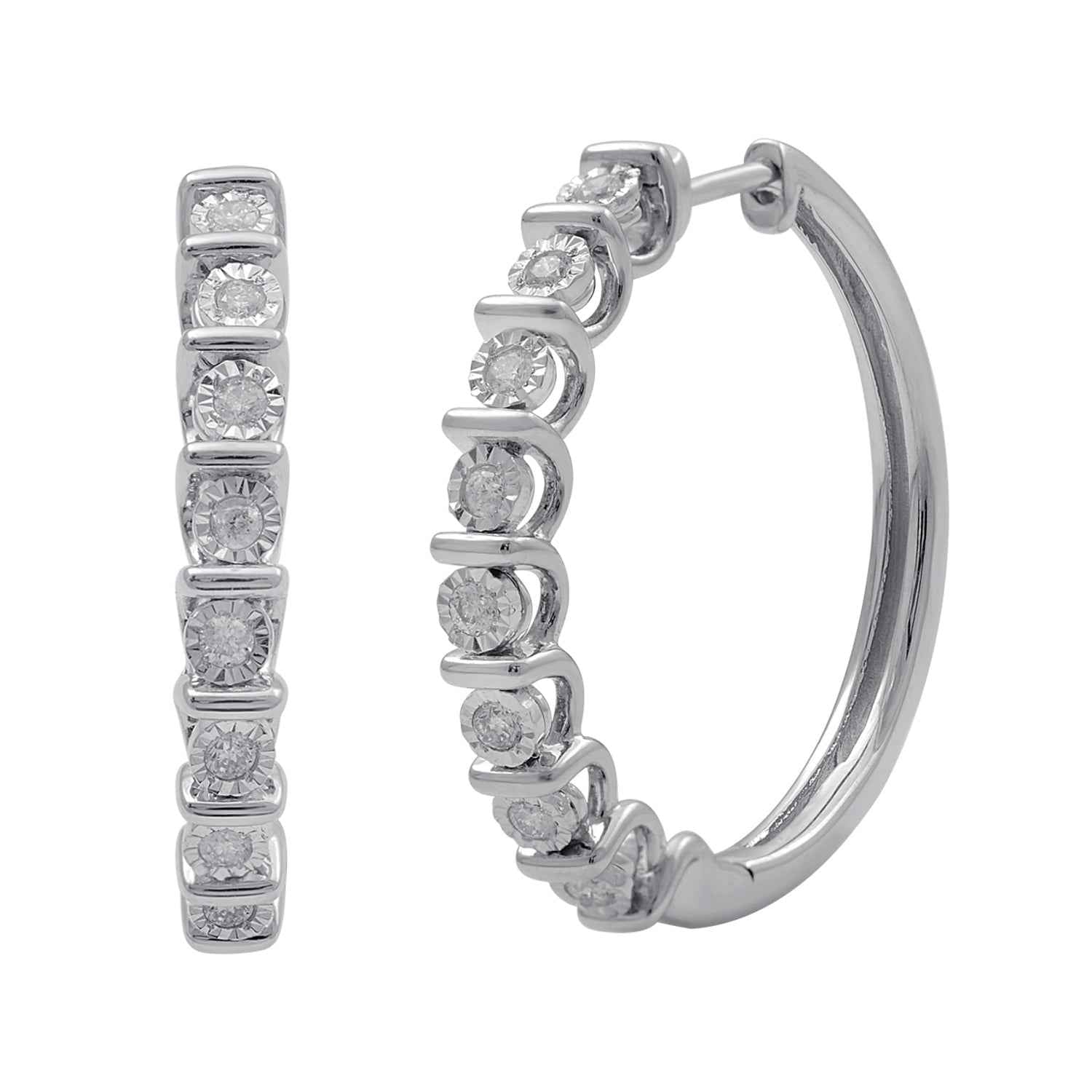 1/4 ct. tw. Diamond Bar Set Hoop Earrings with Miracle Plates in Sterling Silver