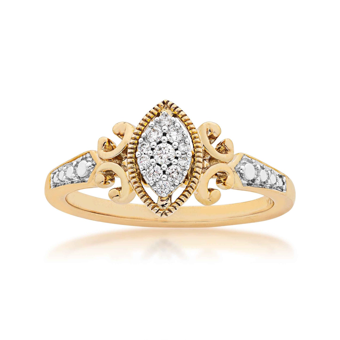 I Promise 1/10 ct. tw. Diamond Marquise Cluster Promise Ring with Filigree Inspired Band & Milgrain Halo in 10K Yellow Gold