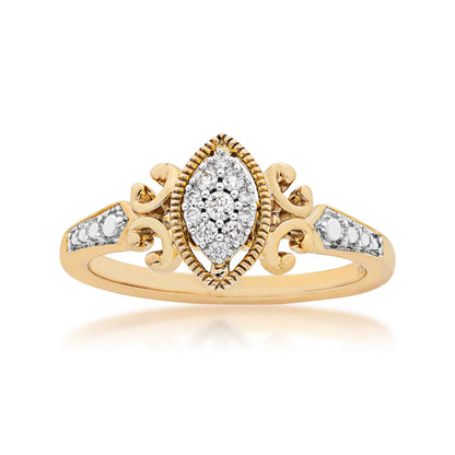 I Promise 1/10 ct. tw. Diamond Marquise Cluster Promise Ring with Filigree Inspired Band & Milgrain Halo in 10K Yellow Gold