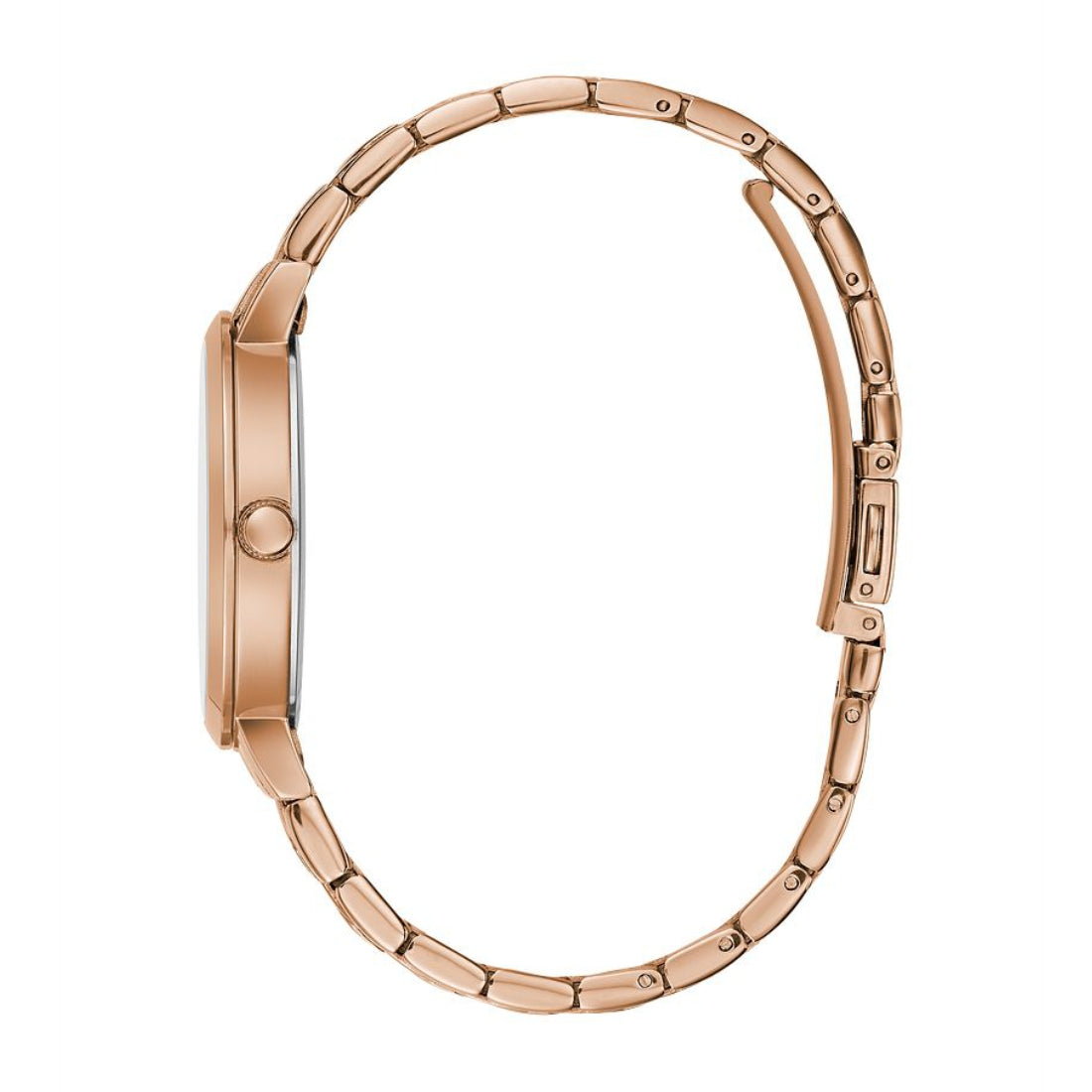 Caravelle Ladies' Modern Pink Gold-Tone Stainless Steel Watch with Black Dial front view