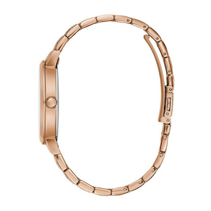 Caravelle Ladies' Modern Pink Gold-Tone Stainless Steel Watch with Black Dial front view
