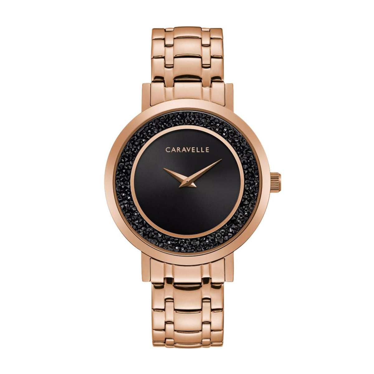 Caravelle Ladies' Modern Pink Gold-Tone Stainless Steel Watch with Black Dial