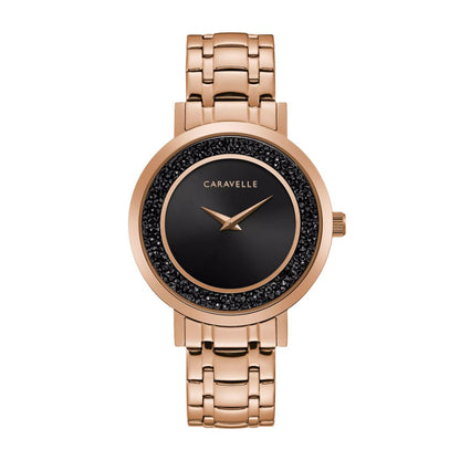 Caravelle Ladies' Modern Pink Gold-Tone Stainless Steel Watch with Black Dial