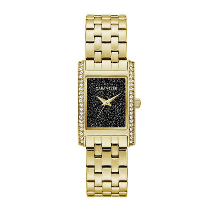 Caravelle Ladies' Dress Gold-Tone Stainless Steel Watch with Pave Black Crystal Dial