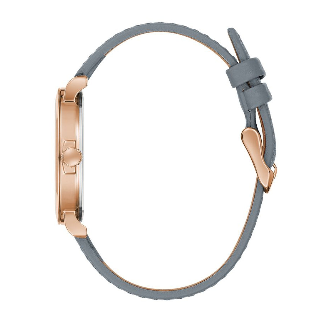 Caravelle Ladies' Min Max Pink Gold-Tone Stainless Steel Watch with Silver Dial & Gray Leather Strap front view