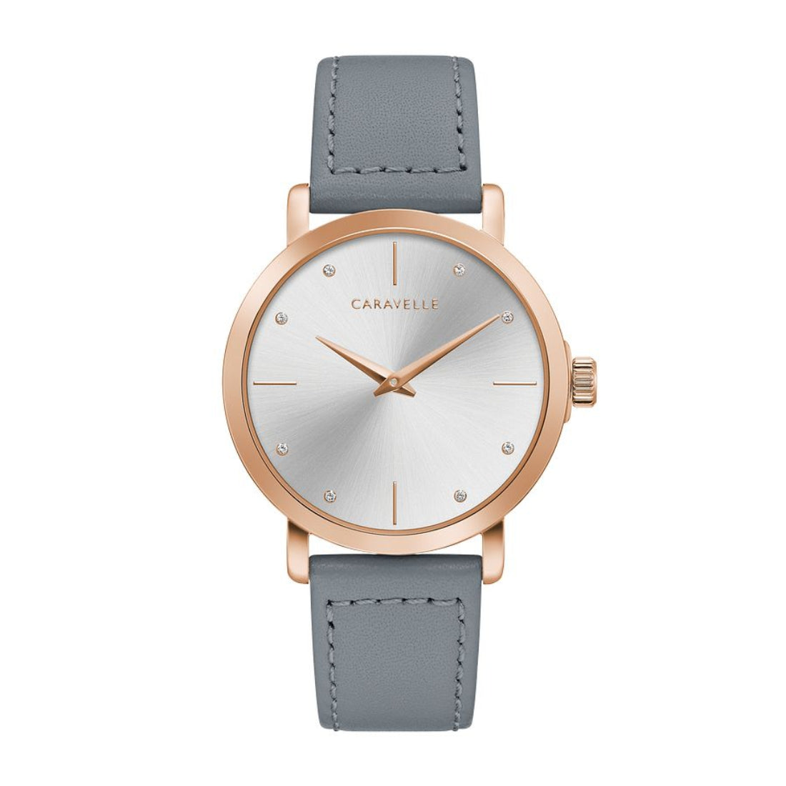 Caravelle Ladies' Min Max Pink Gold-Tone Stainless Steel Watch with Silver Dial & Gray Leather Strap