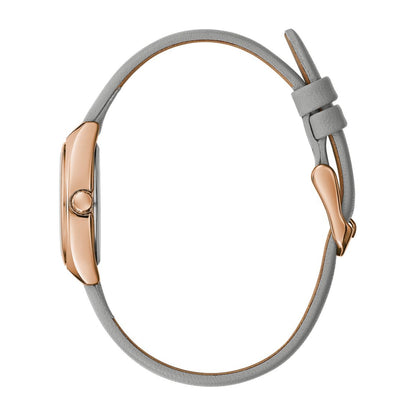 Caravelle Ladies' Sport Pink Gold-Tone Stainless Steel Watch with Gray Dial & Gray Leather Strap front view