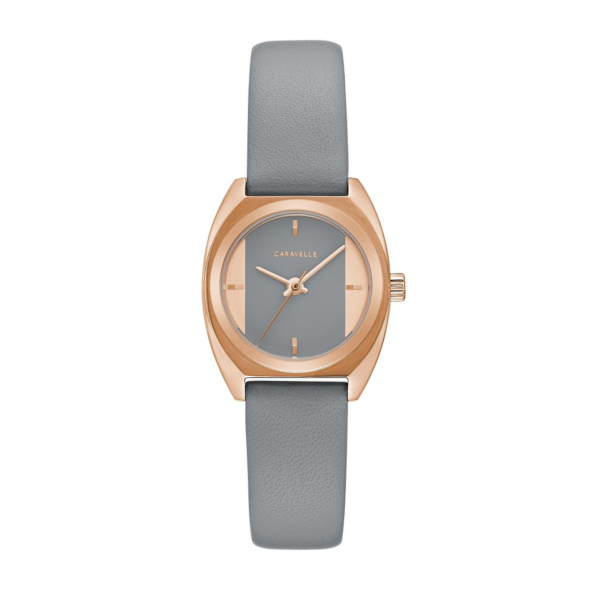 Caravelle Ladies' Sport Pink Gold-Tone Stainless Steel Watch with Gray Dial & Gray Leather Strap