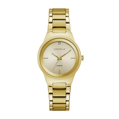 Caravelle Ladies' Modern Gold-Tone Stainless Steel Watch with Champagne Dial & Diamond Accent