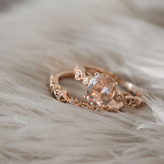 Love in Color Genuine Oval Morganite Wedding Set with 1/10 ct. tw. Diamond Milgrain Accented Band in 14K Pink Gold full view
