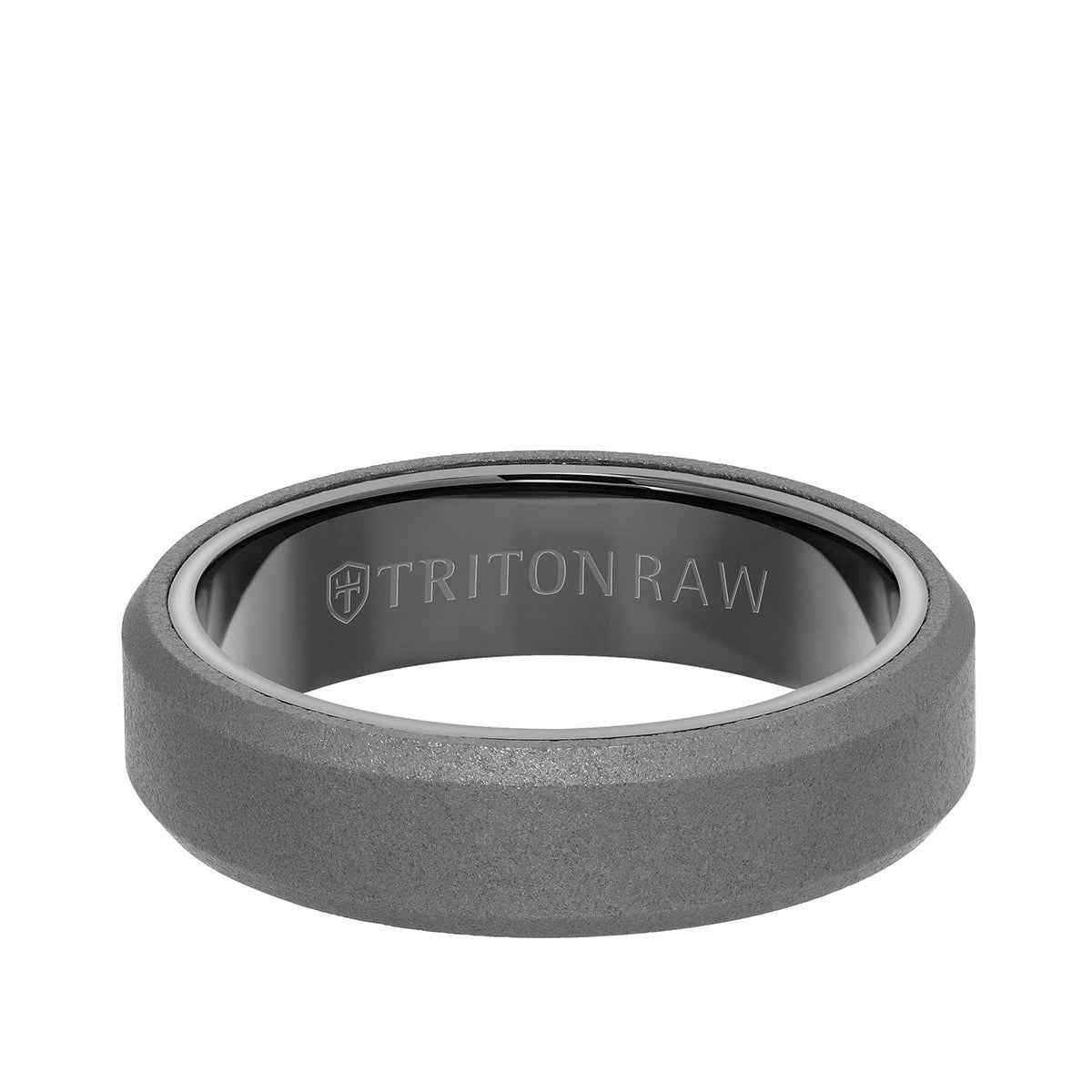 Triton Men's 6mm Tungsten Raw Beveled Edge Wedding Ring With Matte Finish and Black Interior