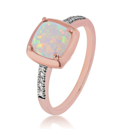 Created Cushion Cut Opal Fashion Ring with Diamond Accent Band in 10K Pink Gold
