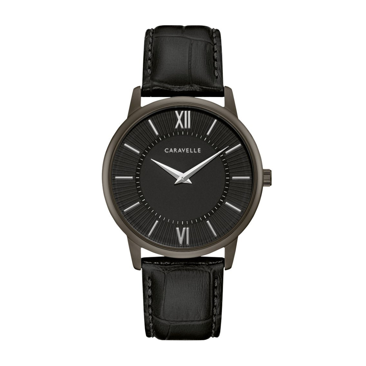 Caravelle Men's Dress Gray Stainless Steel Watch with Black Dial & Black Leather Strap