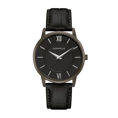 Caravelle Men's Dress Gray Stainless Steel Watch with Black Dial & Black Leather Strap