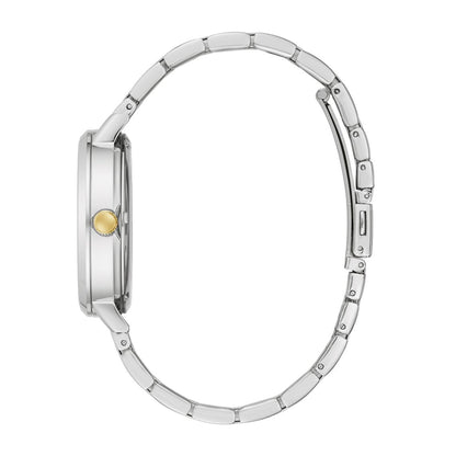 Caravelle Men's Classic Two-Tone Stainless Steel Watch with Black Open Aperture Dial front view