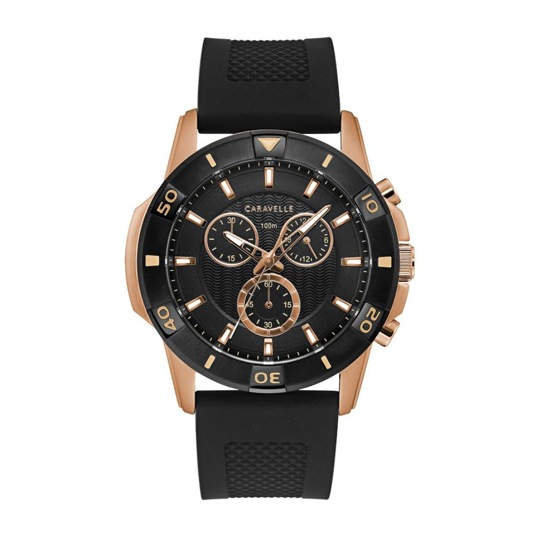 Caravelle Men's Sport Two-Tone Black & Pink Stainless Steel Watch with Black Dial & Black Silicone Strap